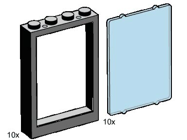 LEGO Bulk Bricks 1 x 4 x 5 Black Window Frames, Transparent Blue Panes (B001-1)